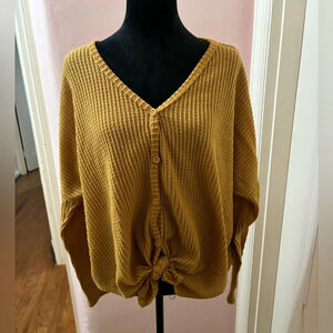 Live in the Moment Mustard Waffle Knit Blouse Sz Large Womens Knot Front